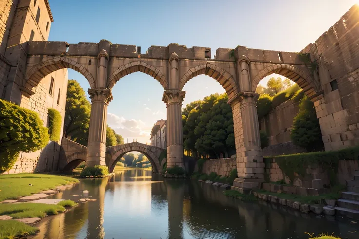 Shot from ground level,photo of a very beautiful aqueduct, ,SIGMA 24 mm F/1.4,1/Shutter speed 1000 seconds,Jesus 400,golden hour,#quality(8 k,