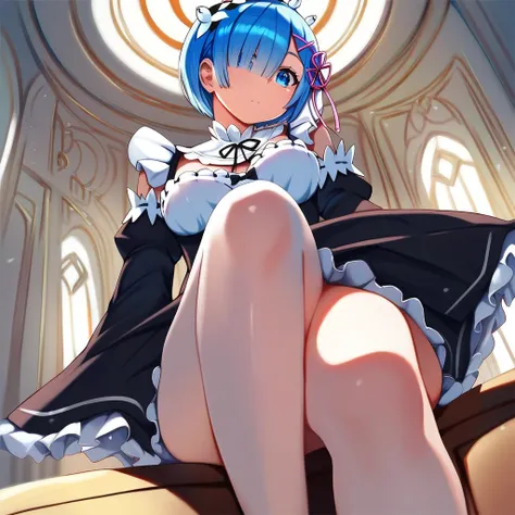 score_9, score_8_up, score_7_up, rem_(re:zero)
blue_eyes,hair_over_one_eye,short_hair,blue_hair,hair_ribbon,roswaal_mansion_maid_uniform, 1girl, solo, sitting, crossed legs, from below
Masterpiece, best quality, detailed eyes, perfect face, award winning