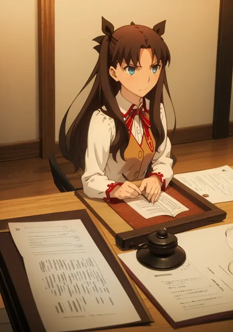 Best Quality, (Masterpiece: 1.2), Very detailed,
inside,
tohsaka rin,
1 girl, alone, sitting, looking at the viewer, Closed mouth, slight smile, slight blush,
long hair, two sides up, Brown hair, blue eyes, hair band,
homurahara academy school uniform