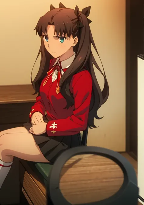 Best Quality, (Masterpiece: 1.2), Very detailed,
inside,
tohsaka rin,
1 girl, alone, sitting, looking at the viewer, Closed mouth, slight smile, slight blush,
long hair, two sides up, Brown hair, blue eyes, hair band,
homurahara academy school uniform