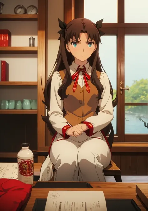 Best Quality, (Masterpiece: 1.2), Very detailed,
inside,
tohsaka rin,
1 girl, alone, sitting, looking at the viewer, Closed mouth, slight smile, slight blush,
long hair, two sides up, Brown hair, blue eyes, hair band,
homurahara academy school uniform