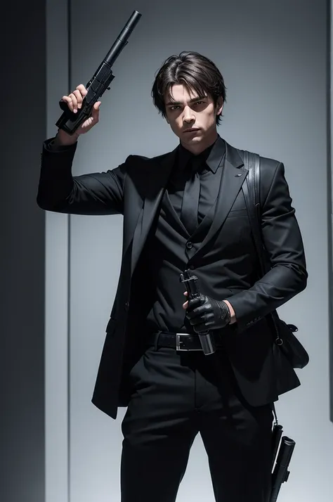 Dex, a man in black with a gun in his hand 