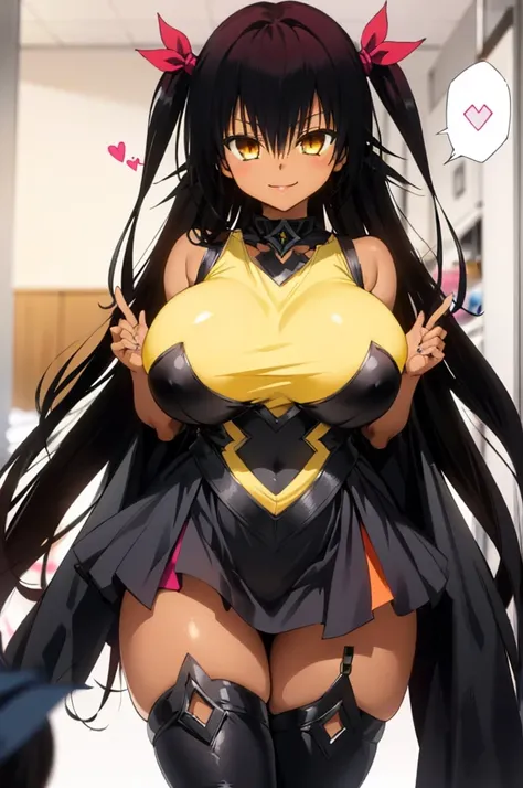 1girl, aster nemesis, ((dark-skinned)) , black hair, very long hair, yellow eyes, , twin tails, looking below, , , tanned body,, ,,,,,(spoken heart),(((fantasy costume))),miniskirt,thighhighs,,,smile,((huge breasts)),pov,s