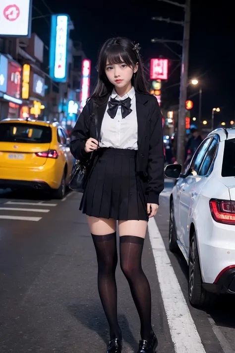 (Full body shot)、Street Snap、In the neon city at night、A young girl with a baby face is standing wearing a short skirt and a bow tie.。.(expensive)のGal女性が3人います、(Three Girls)、(Gal)、Amazingly cute 、Micro Sailor Suit、Winter clothes、Japanese school black unifor...