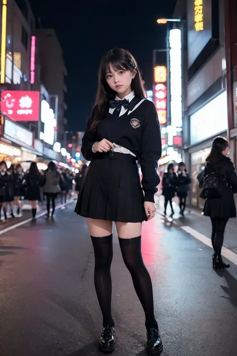 (Full body shot)、Street Snap、In the neon city at night、A young girl with a baby face is standing wearing a short skirt and a bow tie.。.(expensive)のGal女性が3人います、(Three Girls)、(Gal)、Amazingly cute 、Micro Sailor Suit、Winter clothes、Japanese school black unifor...