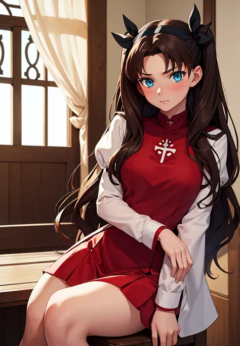 Best Quality, (Masterpiece: 1.2), Very detailed,
inside,
tohsaka rin,
1 girl, alone, sitting, looking at the viewer, Closed mouth, slight smile, slight blush,
long hair, two sides up, Brown hair, blue eyes, hair band,
homurahara academy school uniform