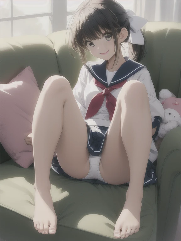 girl sitting facing me on the sofa、cute、Japanese、length、A slightly fluffy sailor uniform、Ultra mini skirt、White panties visible between her legs、White panties visible between her legs、White panties visible between her legs、barefoot、Smiling and looking at m...