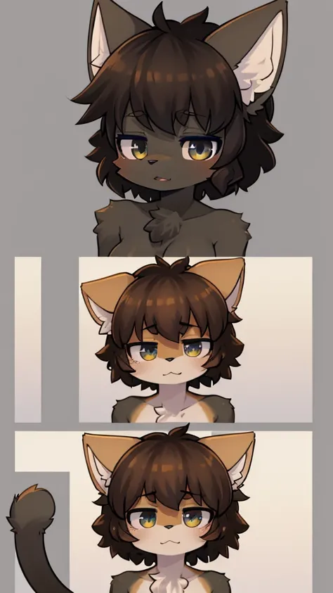 Please, generates an image of a character with light skin and dark brown hair, curly and slightly messy. His eyes are dark, naked, medium breasts,  one of his ears, that are animal (dog or cat type) and coffee black. His facial expression is sleepy.