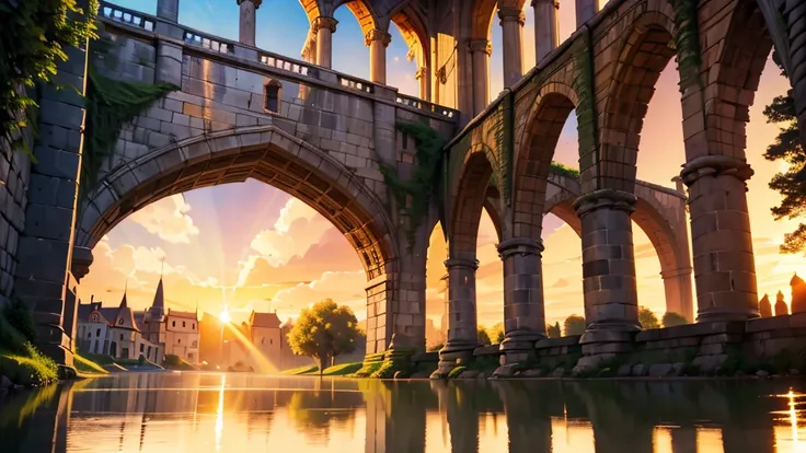 very beautiful long aqueduct, elongated, in the rays of sunset,  cartoon