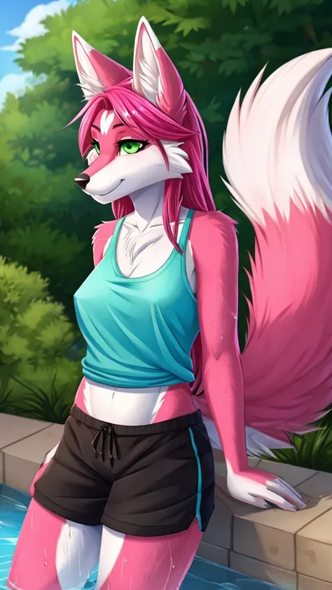 Furry kitsune wolf    female anthropomorphic hot pink  fur green  eyes blue ears wearing a black tank top and black shorts  medium breast size soaking wet tail drupey