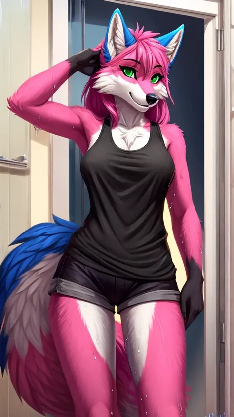 Furry kitsune wolf    female anthropomorphic hot pink  fur green  eyes blue ears wearing a black tank top and black shorts  medium breast size soaking wet tail drupey