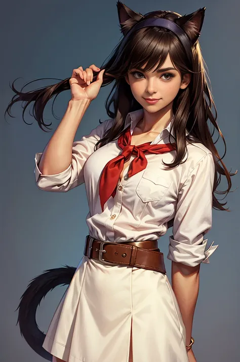 very young slim fit girl, at full height, rounded face, very long disheveled dark brown hair, big brown eyes, shy smile, perfect flat breast, band on head with fake cat ears, parororo, pioneer neckerchief, blue thight microskirt, bangs, shirt, collarbone, ...