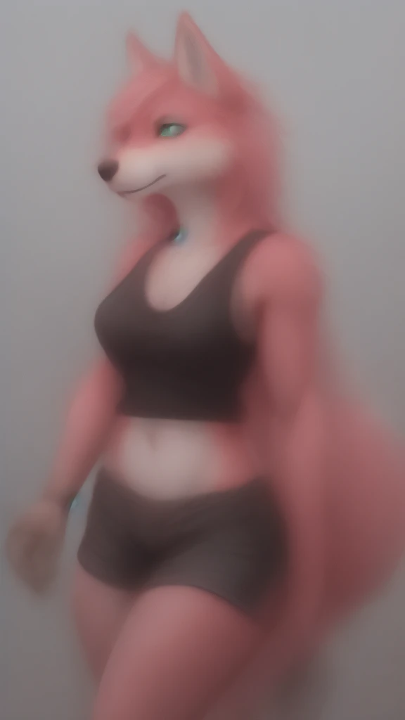 Furry kitsune wolf    female anthropomorphic hot pink  fur green  eyes blue ears wearing a black tank top and black shorts  medium breast size soaking wet tail drupey