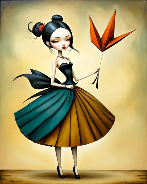 Vintage paper doll and outfits origami style in the style of esao andrews,esao andrews style,esao andrews art,esao andrewsa  esao andrews, andrews esao artstyle, inspired by Esao Andrews, esao andrews ornate, by Esao Andrews, esao andrews, inspired by ESAO...