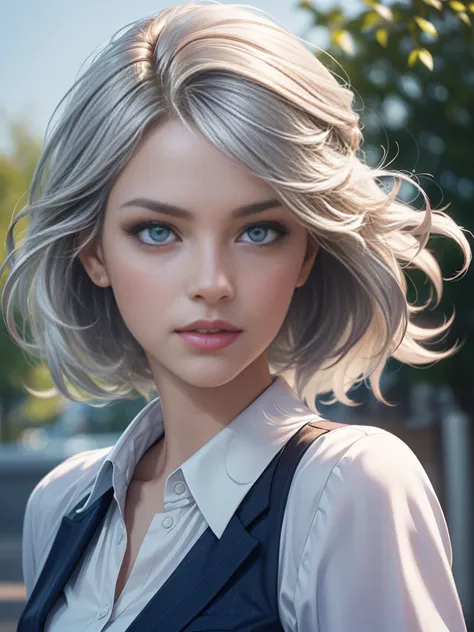 (Best quality,ultra detailed,Photorealistic:1.37),bright and rich colors, studio lighting, playful facial expression, stylish makeup ,( business jacket )  ,Silver hair flutters in the wind, inviting eyes, glossy lips, sexy pose, ,posing for a professional ...