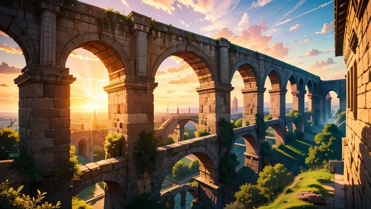 very beautiful long aqueduct, stretched along the horizon line, in the rays of sunset, cartoon