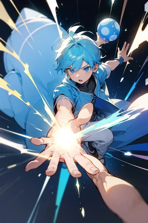 A boy around 7 years old with light blue hair, his arms outstretched in front of him, sparking blue energy balls stored between his hands, his body surrounded by blue energy