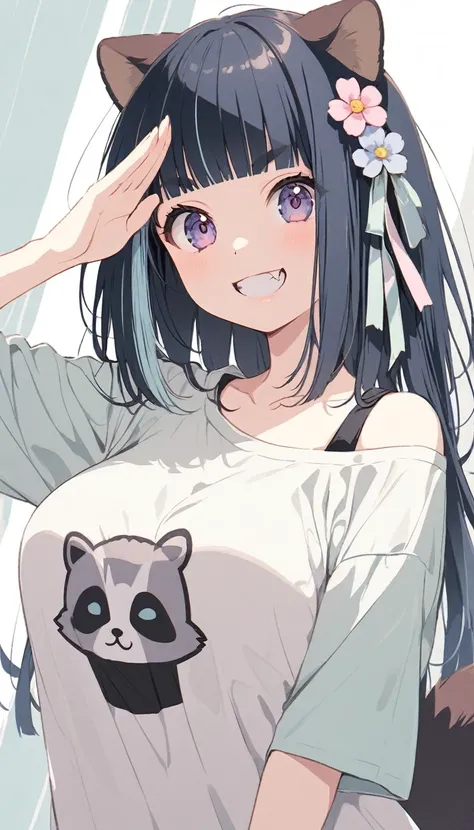 anime,(pale colors:1.8),long shot, 1girl, (on right:1.3), solo, cat mouth, dynamic angle, holding flower, salute, grin, smile, fang,  blue hair, bobcut, straight hair, racoon ears, racoon tail, (brown streaked hair:1.3), (blunt bangs) ,thick eyebrows, big ...