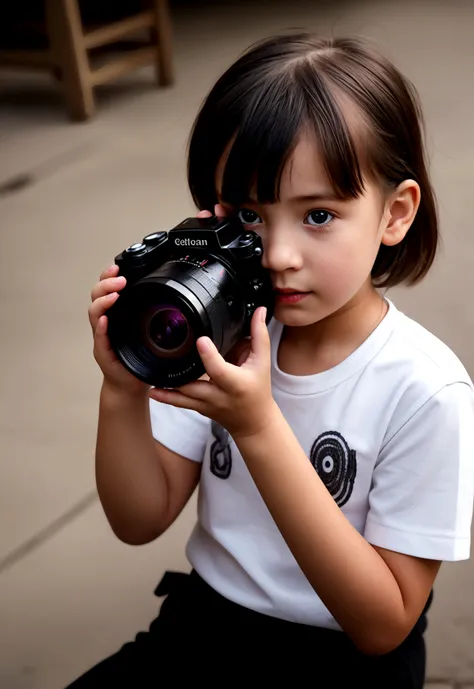 Create an image of a very young photographer who has only a camera and little photography equipment, is working on PC generating images by AI. Your model is a real person. Ratio 16:9