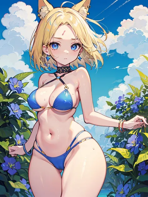  sweaty, solo, high quality, blonde hair, ((forehead)), (short hair), blue eyes, medium breast, (bikini), (straps:1.2),  plants, blue sky, (cameltoe:1.2), (big nipples:0.9), (thick thighs), sky, clouds, fox ears, blue flowers, jewelry, earrings, bracelets,...