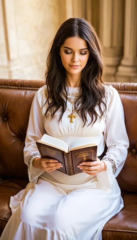 woman sitting on the couch reading the bible