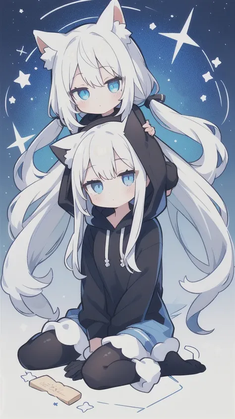 Little beautiful girl，Cat ear，Long white hair，Light blue eyes，cute, young, Black Pantyhose，Large hoodie，Big and beautiful eyes，He has a happy look on his face.，1 person，The background is a starry sky，Beautiful girls only，Sitting，No shoes，Shiny and delicate...