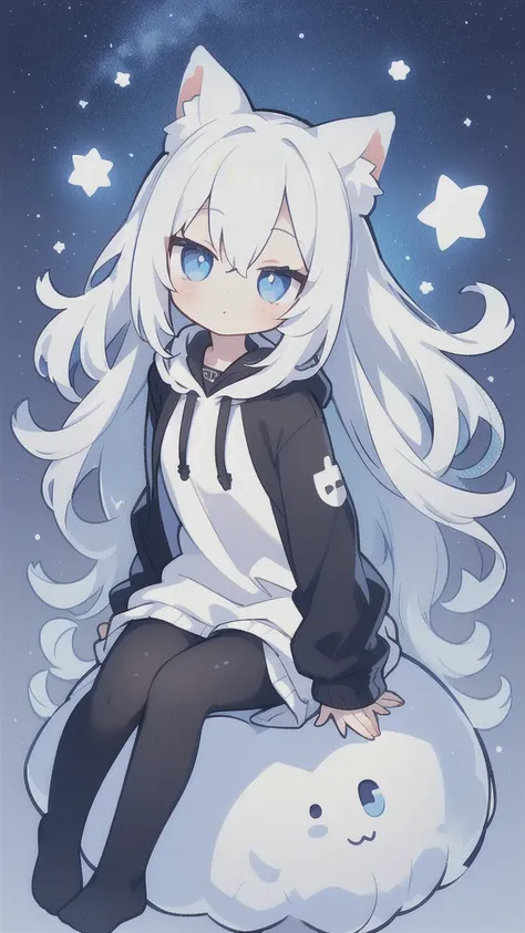 Little beautiful girl，Cat ear，Long white hair，Light blue eyes，cute, young, Black Pantyhose，Large hoodie，Big and beautiful eyes，He has a happy look on his face.，1 person，The background is a starry sky，Beautiful girls only，Sitting，No shoes，Shiny and delicate...