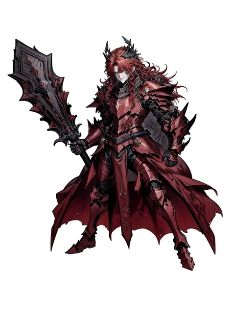 1boy,black crown, red hair, Long and curly hairstyle, crimson armor,volcanic knight, fire knight, legendary weapon ,beautiful clothes,(masterpiece, best quality), Angry,muscular