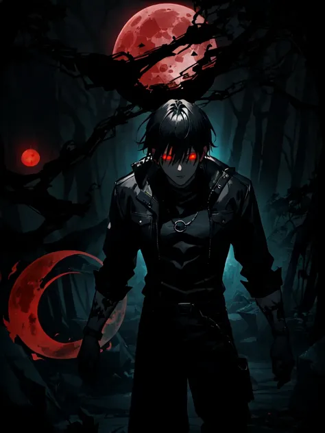 1boy, (Medium-length hair: 1.2), With a ponytail,male, Dark red eyes, (dark theme:1.3), (dark atmosphere:1.3), shadow figure, horror (theme), wild hair, glowing eyes, (red moon:1.2)