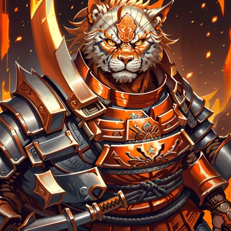 samurai warrior in orange battle armor, extremely detailed face and armor, muscular male figure, fierce facial expression, katana sword, Traditional Japanese landscape background, digital art, cinematic lighting, vibrant colors, intricate details, hyper re...