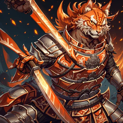 samurai warrior in orange battle armor, extremely detailed face and armor, muscular male figure, fierce facial expression, katana sword, Traditional Japanese landscape background, digital art, cinematic lighting, vibrant colors, intricate details, hyper re...