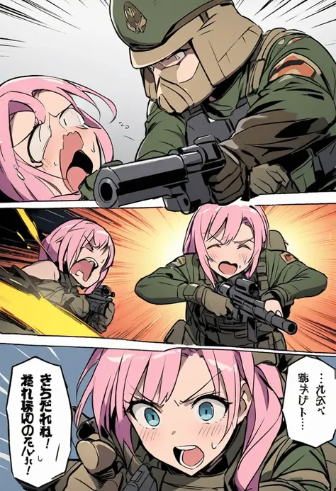 battlefield、Tension、The soldier２people、Pointing guns at each other、Pink haired girl