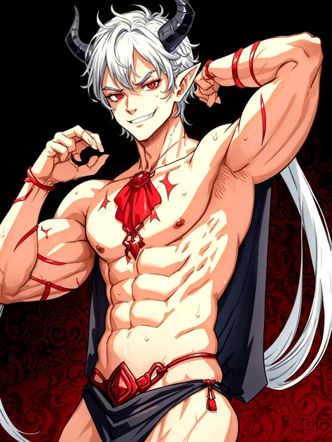 sexy demon boy with horns and pointy ears flexing his sweaty body, shirtless, smirking, with hairy armpits