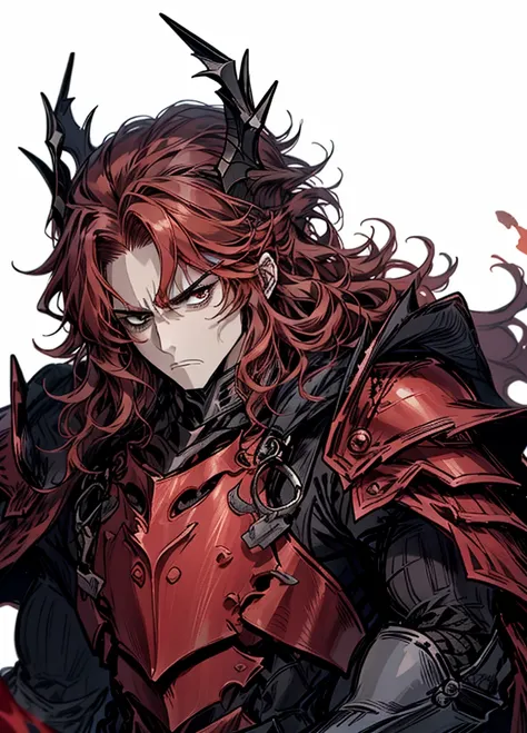 1boy,black crown, red hair, Long and curly hairstyle, crimson armor,volcanic knight, fire knight, legendary weapon ,beautiful clothes,(masterpiece, best quality), Angry,muscular