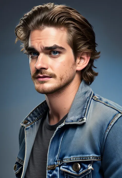 andrew Garfield, man, defined body, round face, medium hair, mane hair, hair back, messy hair, black hair, Sapphire blue eyes, small nose, small lips, soft jaw, denim jacket, simple black high-neck t-shirt, blue jeans, exhausted expression, falling into a ...