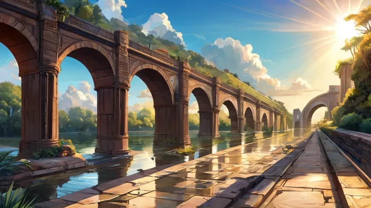 very beautiful long aqueduct, stretched along the horizon line, in rainbow rays, cartoon