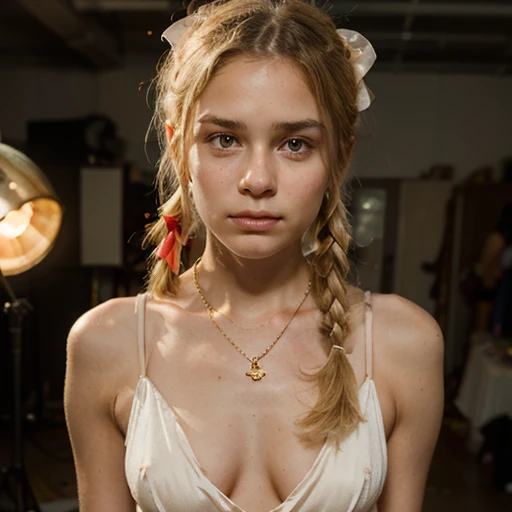 15 year old girl with medium length blonde hair, childrens pigtails hair, hair ribbon, Caucasian female facial structure, sad expression, golden necklace, she is wearing a sheer tight wedding dress, visible nipples, marked nipples, she in a studio, 