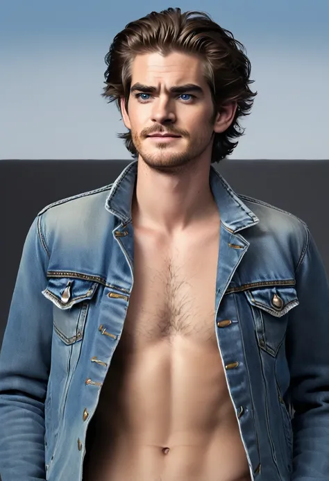 andrew Garfield, man, defined body, round face, medium hair, mane hair, hair back, messy hair, black hair, Sapphire blue eyes, small nose, small lips, soft jaw, denim jacket, simple black high-neck t-shirt, blue jeans, exhausted expression, falling into a ...