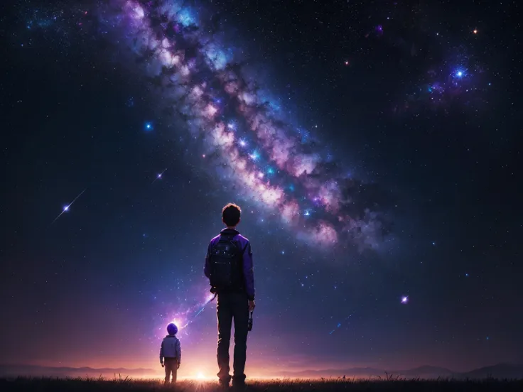 painting of a boy standing on the grass with a bright light in the background, looking out into the cosmos, in a cosmic field, strange portrait with galaxy, in the field of internal hyperspace, Holographic projection, Nascimento do Universo, video still, i...