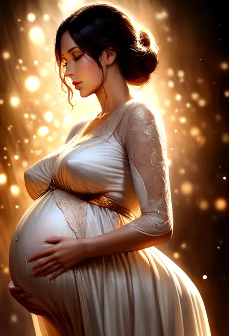 ultra detailed, photorealistic, Best Quality:1.2, Pregnant woman, beautiful detailed belly, dark hair, long dress, natural background, soft lighting, serene expression, gentle touch, subtle emotions, delicate texture, ethereal atmosphere, artistic maternit...