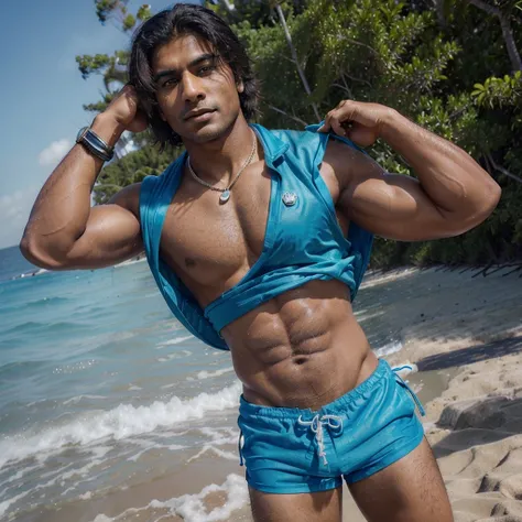 (((sexy gorgeous young))) beautiful (((YOUNG LONELY ALONE))) gorgeous rich ((muscular indian man)) ((wearing a rolex watch)) on his wrist, in (((blue swim shorts at the beach)))