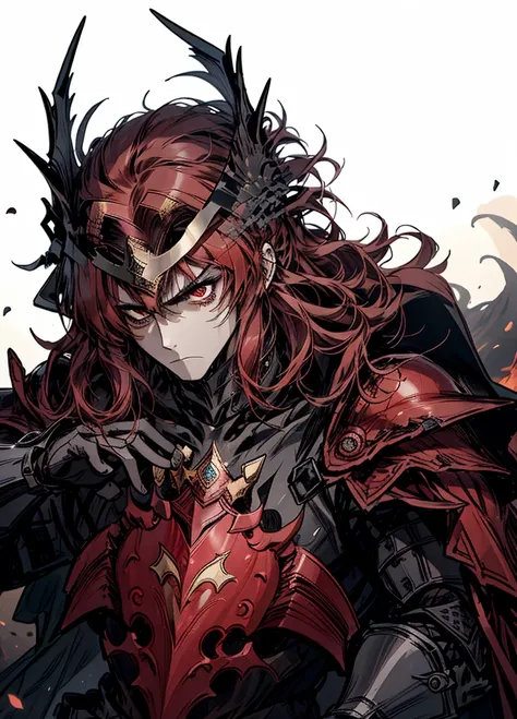 1boy,black crown, red hair, Long hairstyle, crimson armor,volcanic knight, fire knight, legendary weapon ,beautiful clothes,(masterpiece, best quality), Angry,muscular