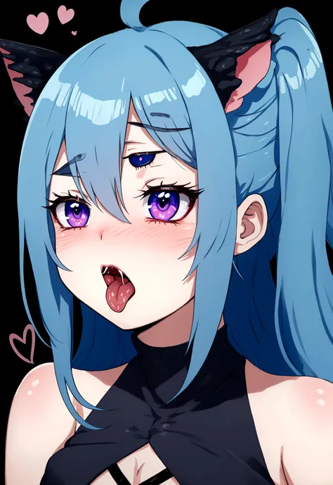 1girl, ahegao, rolling eyes, tongue out, drooling, full-face blush, heart in eye, blue hair, dinossauro, garota dinossauro, dinossauro chan