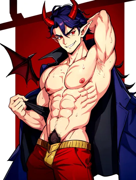 sexy demon boy with horns and pointy ears flexing his sweaty body, shirtless, smirking, hairy armpits, big bulge in pants