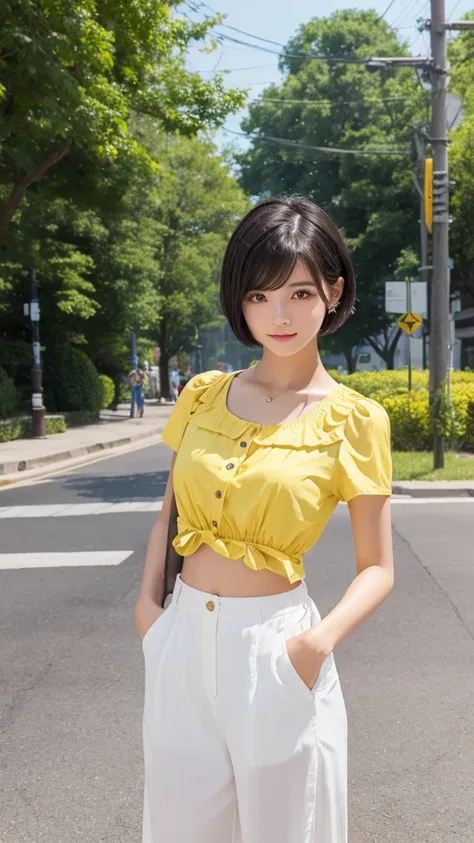 ((Highest quality)), ((masterpiece)), (detailed), 
A beautiful girl with short black hair wearing a short-sleeved summer shirt and summer pants in the style of the Yellow Revolution、refreshing、fine、bright、smart、Vision、whole body、Fullsize、
