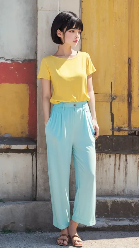 ((Highest quality)), ((masterpiece)), (detailed), 
A beautiful girl with short black hair wearing a short-sleeved summer shirt and summer pants in the style of the Yellow Revolution、refreshing、fine、bright、smart、Vision、whole body、Fullsize、
