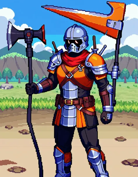 Create an image of a rugged, scarred warrior holding a simple axe. He is dressed in worn leather armor and has a fierce expression on his face. The background is a battlefield, in pixel art.  