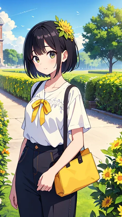 ((Highest quality)), ((masterpiece)), (detailed), 
A beautiful girl with short black hair wearing a short-sleeved summer shirt and summer pants in the style of the Yellow Revolution、refreshing、fine、bright、smart、Vision、whole body、Fullsize、
