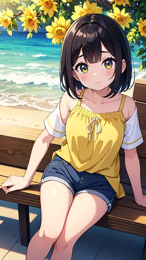 ((Highest quality)), ((masterpiece)), (detailed), 
A beautiful girl with short black hair wearing a short-sleeved summer shirt and summer pants in the style of the Yellow Revolution、refreshing、fine、bright、smart、Vision、whole body、Fullsize、
