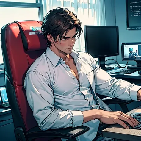 1 guy in open shirt, far in gaming chair, plays video games on computer. room is dark. toned male, nice hands, perfect hands. fa...